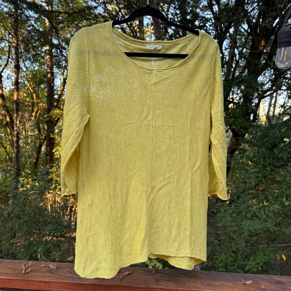 Eileen Fisher Light Yellow Linen Blouse Thin Sweater 3/4 Sleeve Size L